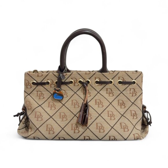 Dooney & Bourke Handbags - Vintage Dooney & Bourke Brown Logo Print Canvas Tassel Tote Satchel Bag